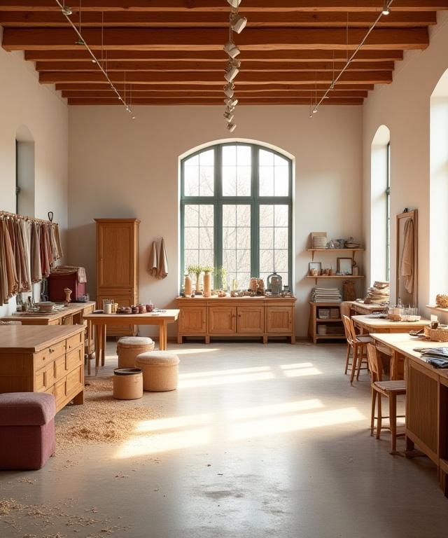 Vista interna dell'atelier Fibra Mobili con mobili in lavorazione e campioni di tessuto