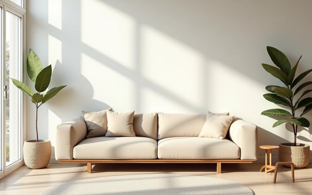 Divano moderno rivestito in lino grezzo color sabbia in un salotto luminoso