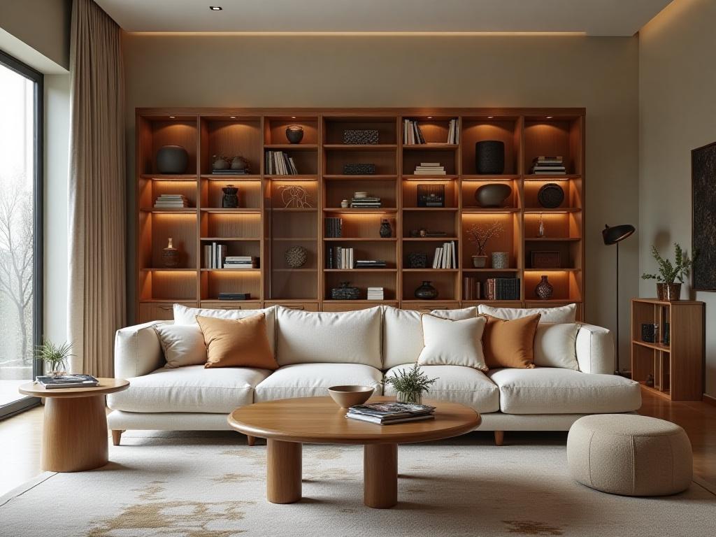 Interno di un soggiorno arredato con mobili su misura Fibra Mobili, tra quella libreria e tavolino