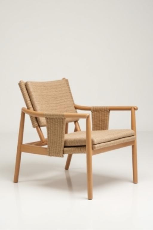 Sedia di design con schienale in tessuto intrecciato a mano e struttura in legno di frassino