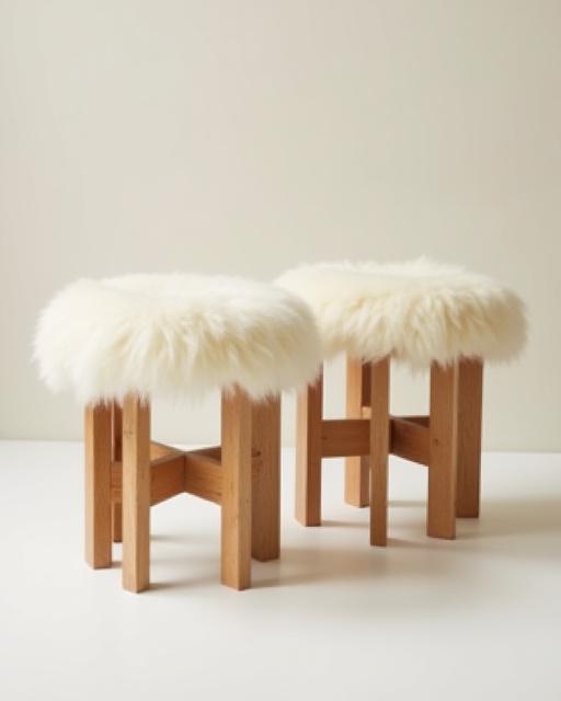 Coppia di sgabelli con seduta in pelle di pecora naturale e struttura in legno di quercia