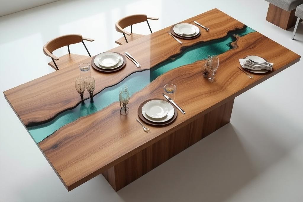 Tavolo da pranzo in legno massello con inserti in resina epossidica trasparente