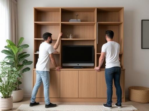 Due persone che posizionano con cura una libreria su misura in un salotto