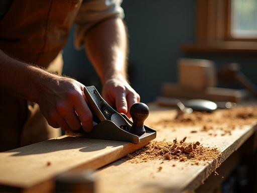 Artigiano che usa una pialla a mano su un pezzo di legno