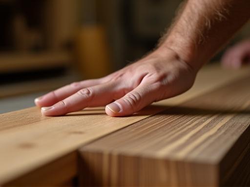 Persona che tocca una tavola di legno massello in una falegnameria